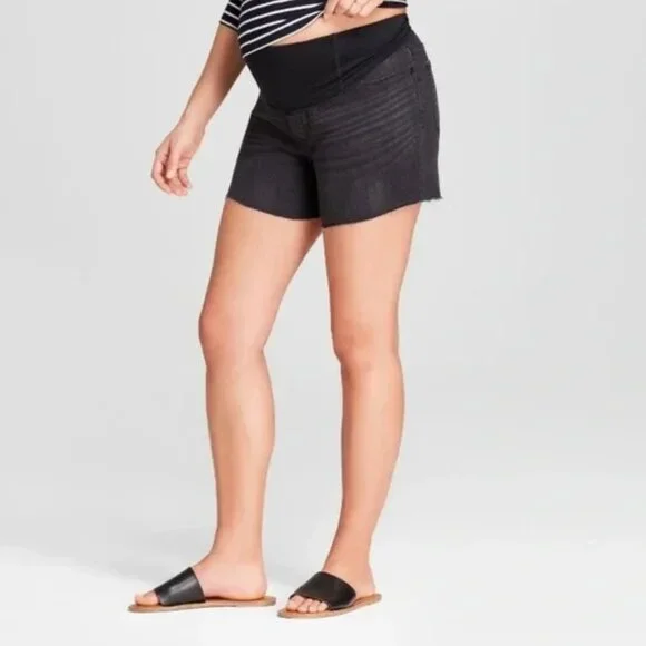 Isabel Maternity Women's 12 Black Crossover Panel Bermuda Jean Shorts Over Belly - Picture 2 of 14